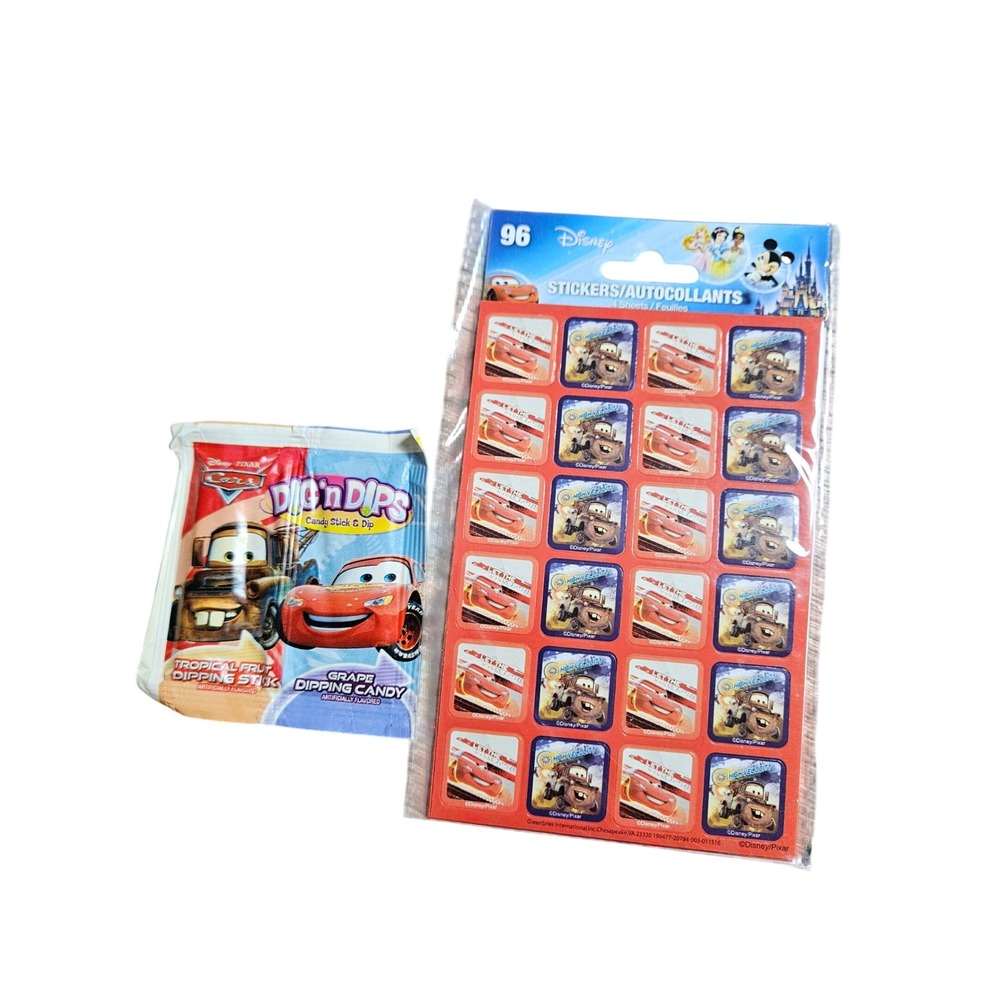 Lot of Disney Pixar Cars Stickers 4 Sheets & Dig n Dips Candy Packet Set NWT